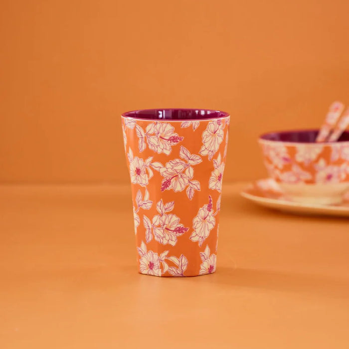 Tall Cup - Orange - Faded Hibiscus Print