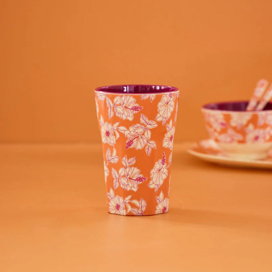Tall Cup - Orange - Faded Hibiscus Print