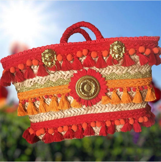 Red orange big raffia bag